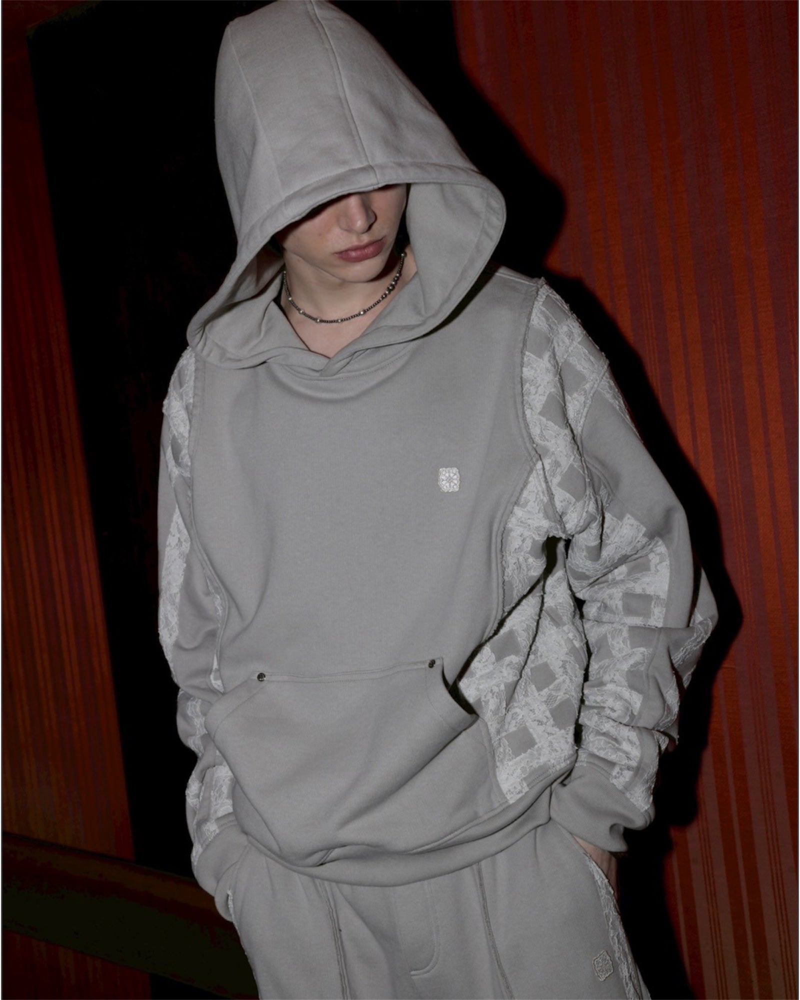 Check lace heavy weight pullover(Glay beige)