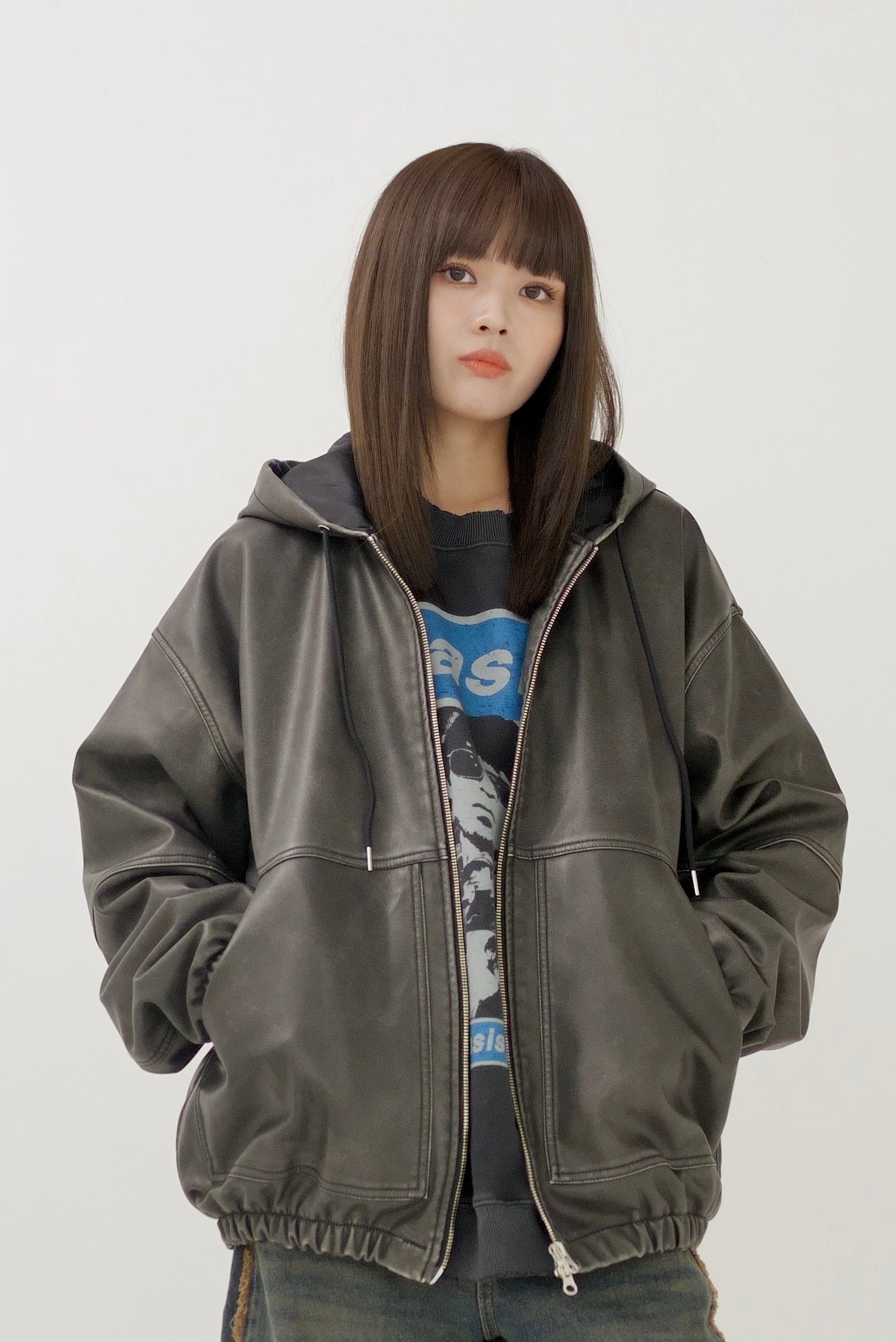 Fake leather hooded blouson