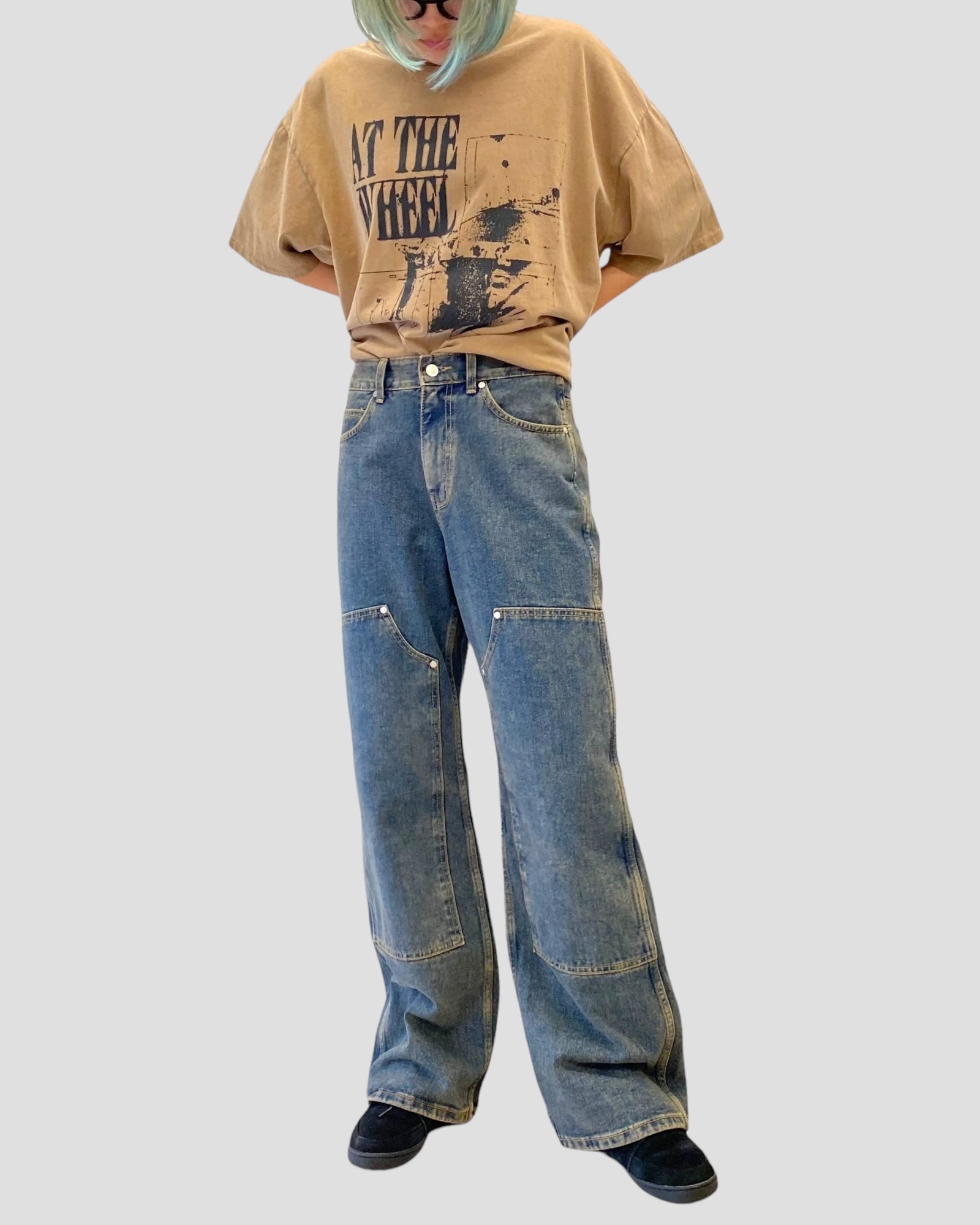 Double knees wide denim pants