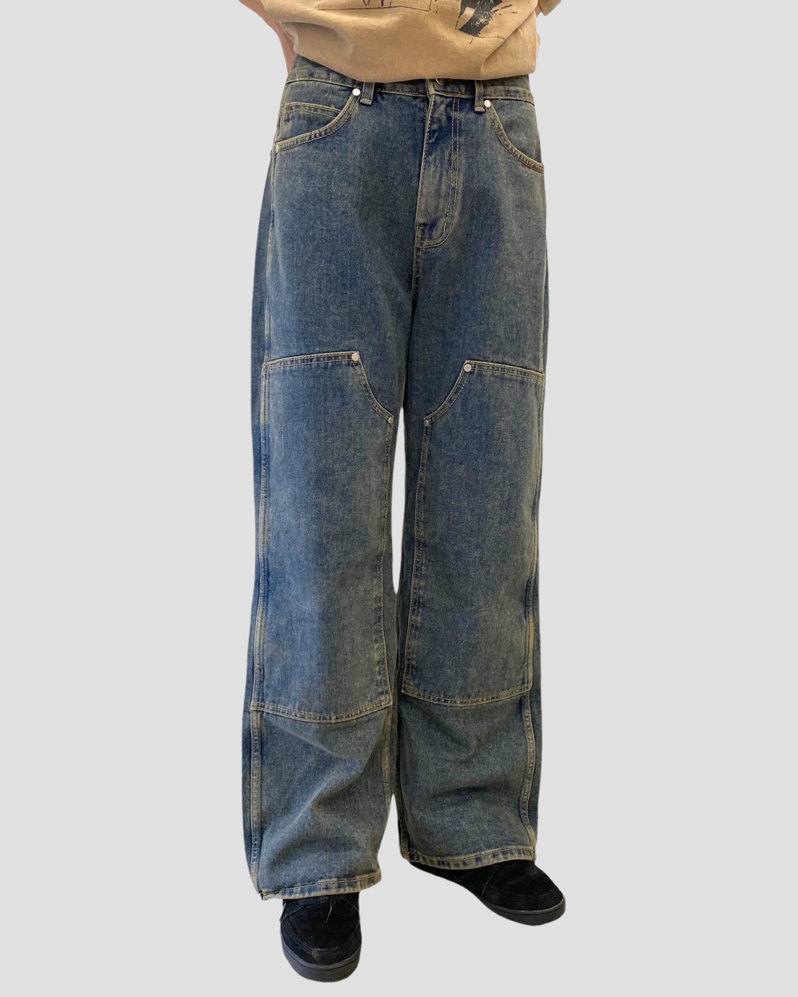 Double knees wide denim pants