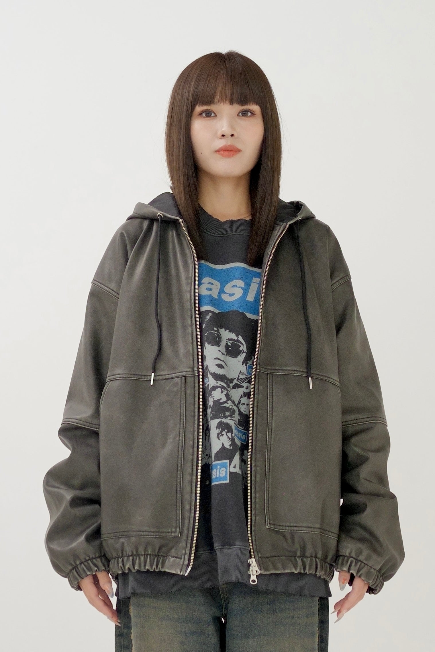 Fake leather hooded blouson