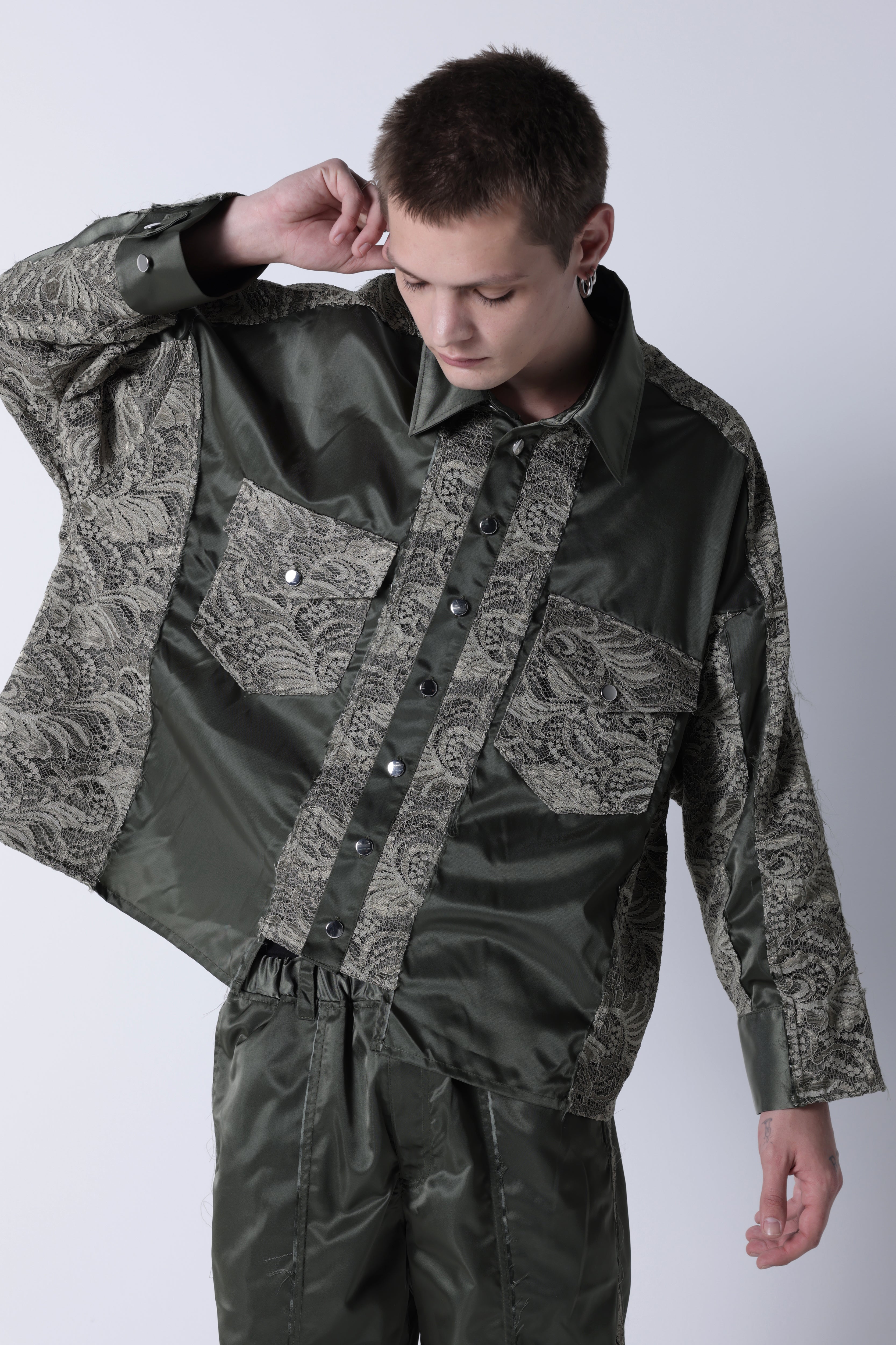 Nylon lace shirt(Khaki)