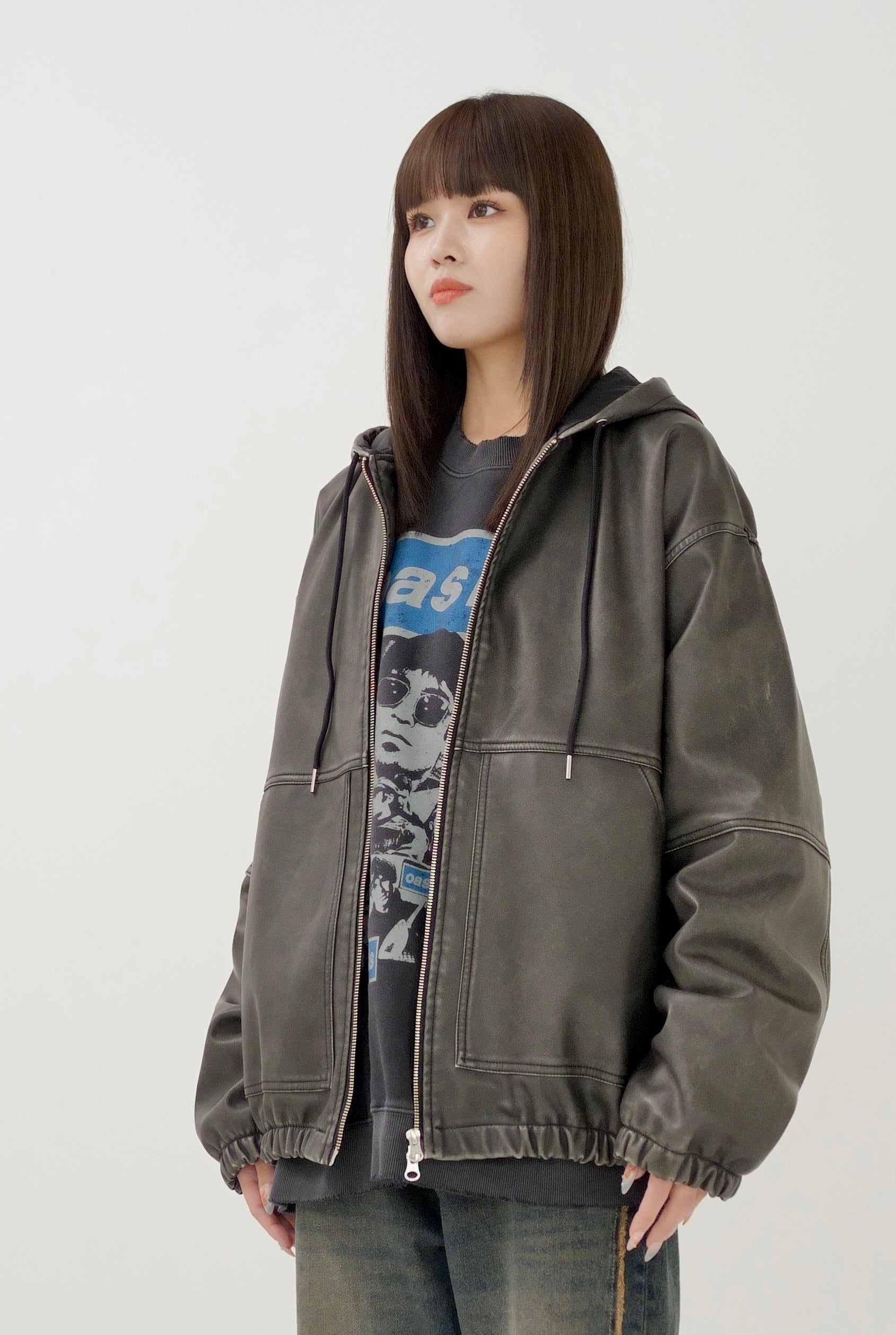 Fake leather hooded blouson