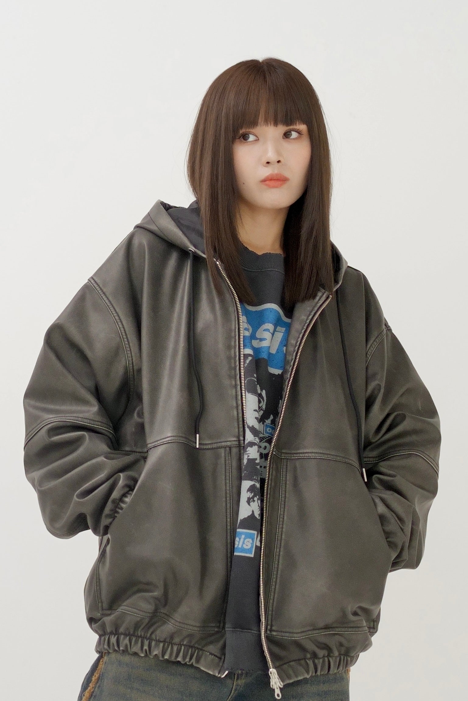 Fake leather hooded blouson