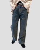 Double knees wide denim pants